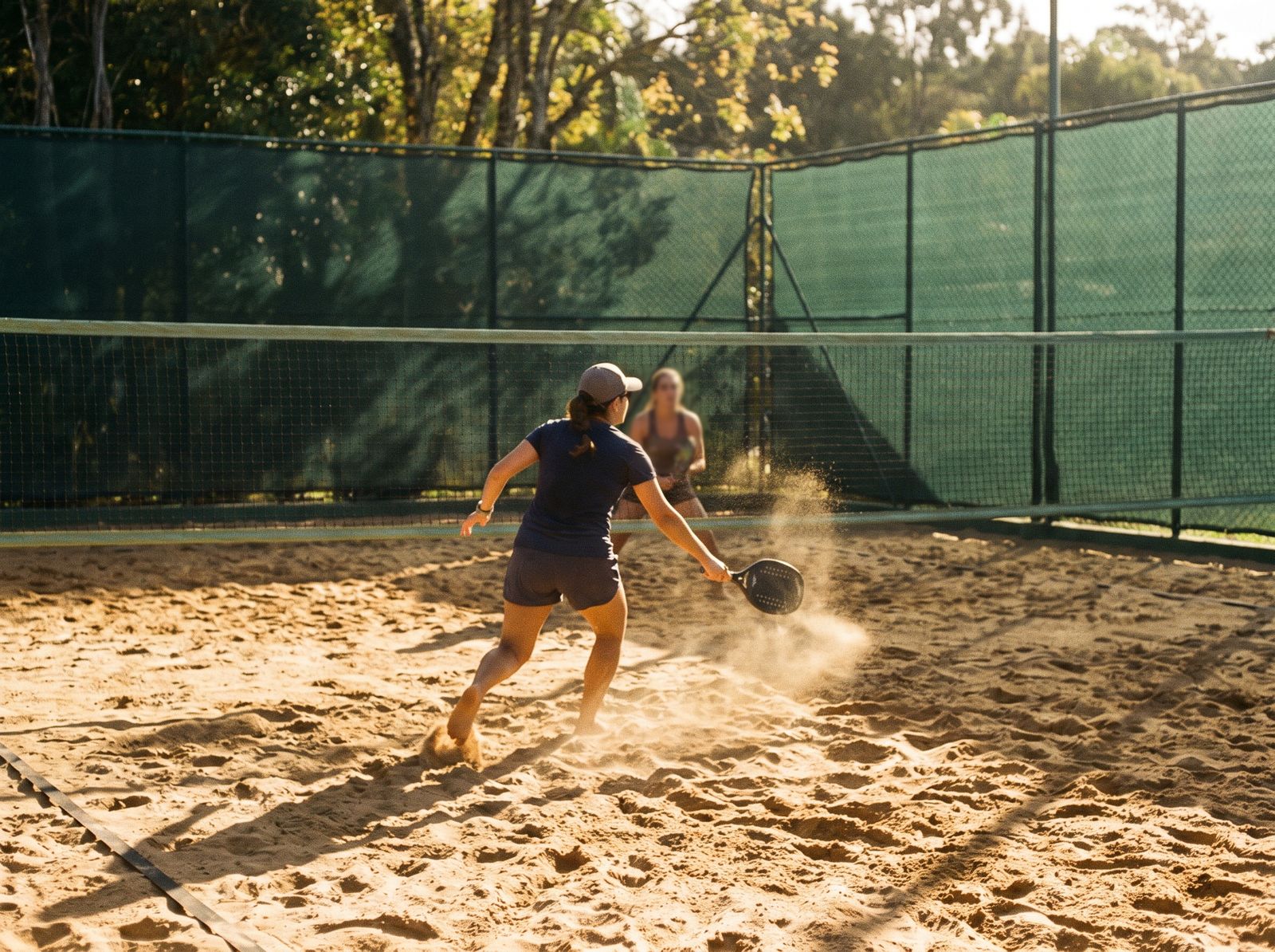 Jogo de beach tennis na areia contra a luz do fim de tarde